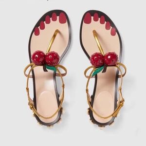 Gucci Hatsumomo Cherry T-Strap Sandal Gold- Authentic